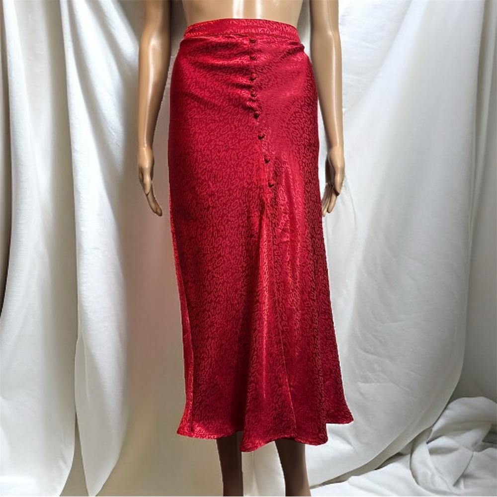 NSR Napean Sea Rd Red Satin Slit Front Midi Tonal Leopard Print Skirt